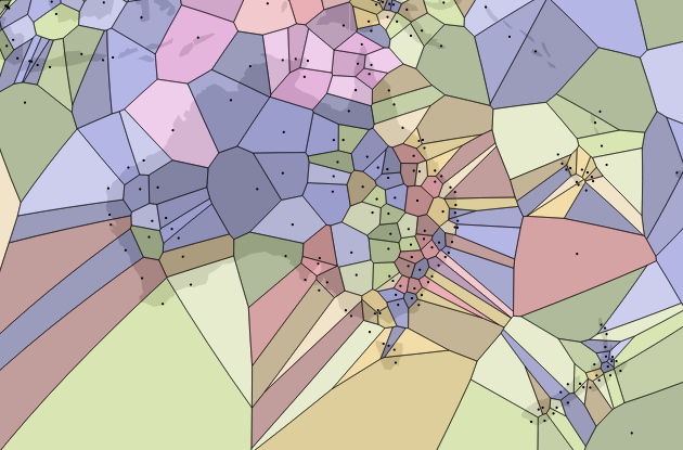 A map centred on Australia and New Zealand with points at airports generating a Voronoi diagram